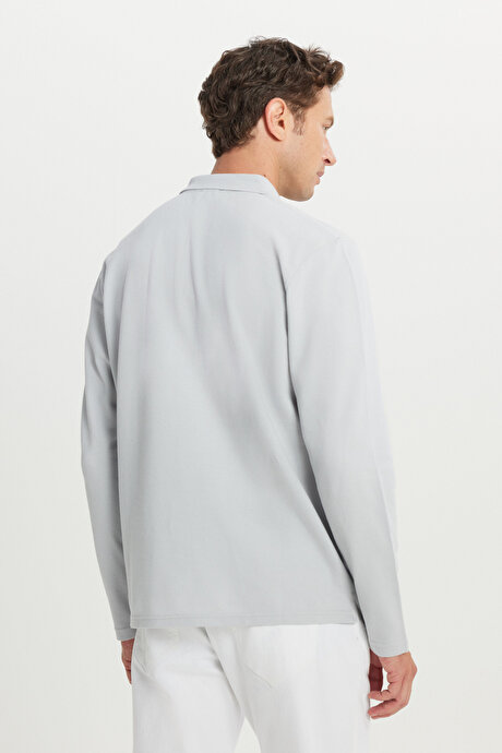 %100 Pamuk Standart Fit Normal Kesim Polo Yaka Gri Sweatshirt resmi