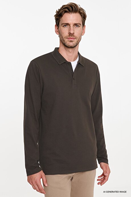 %100 Pamuk Standart Fit Normal Kesim Polo Yaka Kahverengi Sweatshirt resmi