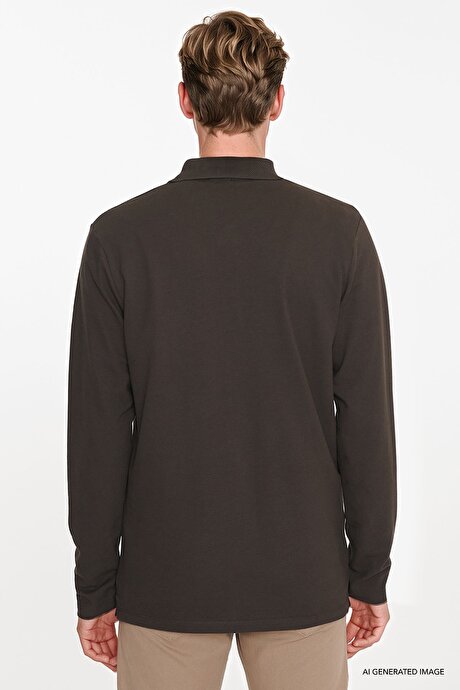 %100 Pamuk Standart Fit Normal Kesim Polo Yaka Kahverengi Sweatshirt resmi