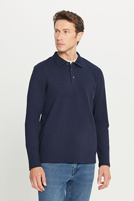 %100 Pamuk Standart Fit Normal Kesim Polo Yaka Lacivert Sweatshirt resmi