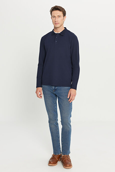 %100 Pamuk Standart Fit Normal Kesim Polo Yaka Lacivert Sweatshirt resmi