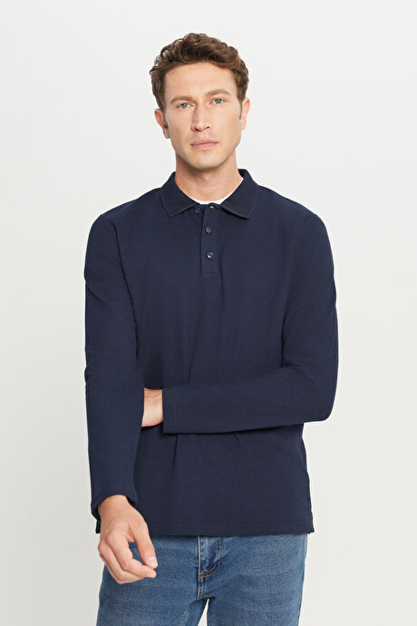 %100 Pamuk Standart Fit Normal Kesim Polo Yaka Lacivert Sweatshirt resmi