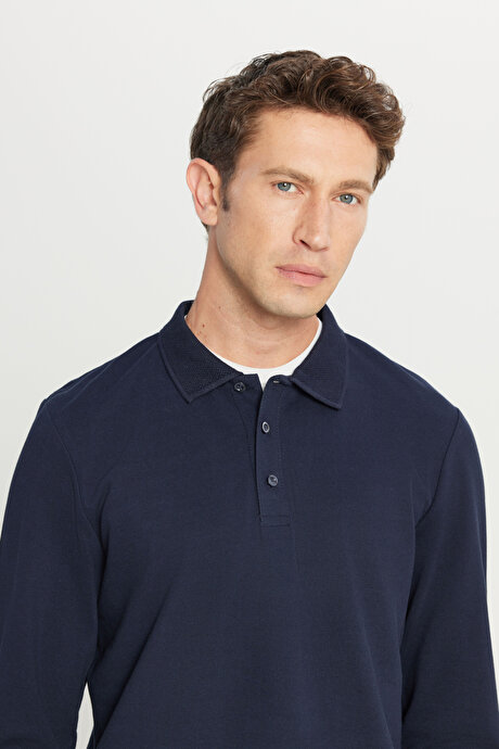 %100 Pamuk Standart Fit Normal Kesim Polo Yaka Lacivert Sweatshirt resmi