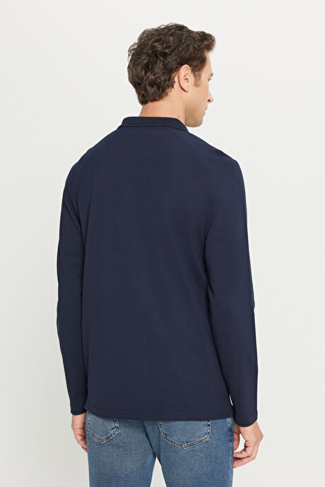 %100 Pamuk Standart Fit Normal Kesim Polo Yaka Lacivert Sweatshirt resmi