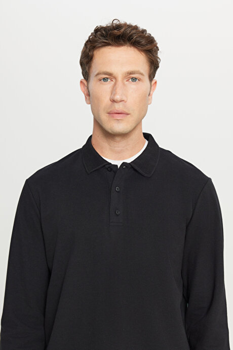 %100 Pamuk Standart Fit Normal Kesim Polo Yaka Siyah Sweatshirt resmi