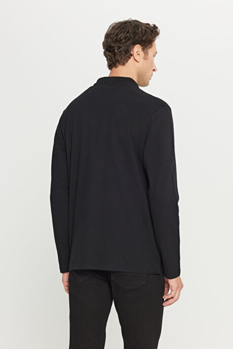 %100 Pamuk Standart Fit Normal Kesim Polo Yaka Siyah Sweatshirt resmi