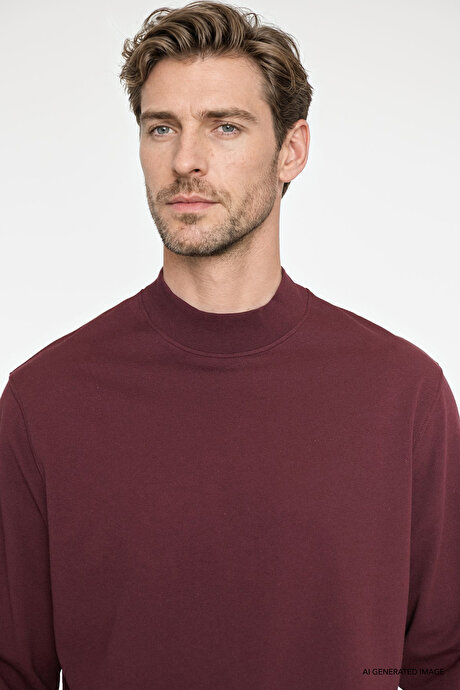 Pamuklu Standart Fit Normal Kesim Yarım Balıkçı Yaka Bordo Sweatshirt resmi