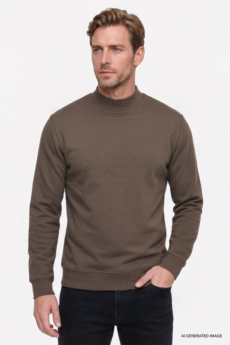 Pamuklu Standart Fit Normal Kesim Yarım Balıkçı Yaka Haki Sweatshirt resmi