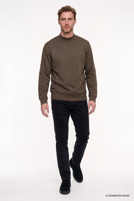 Pamuklu Standart Fit Normal Kesim Yarım Balıkçı Yaka Haki Sweatshirt resmi