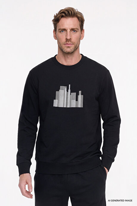 Pamuklu Standart Fit Normal Kesim Bisiklet Yaka Siyah Sweatshirt resmi