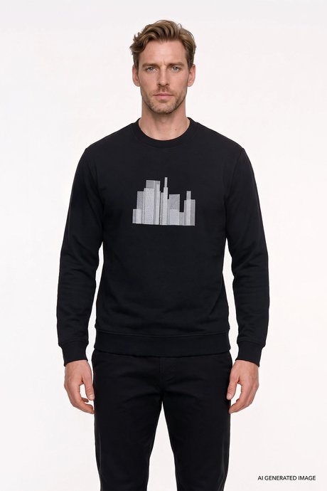 Pamuklu Standart Fit Normal Kesim Bisiklet Yaka Siyah Sweatshirt resmi