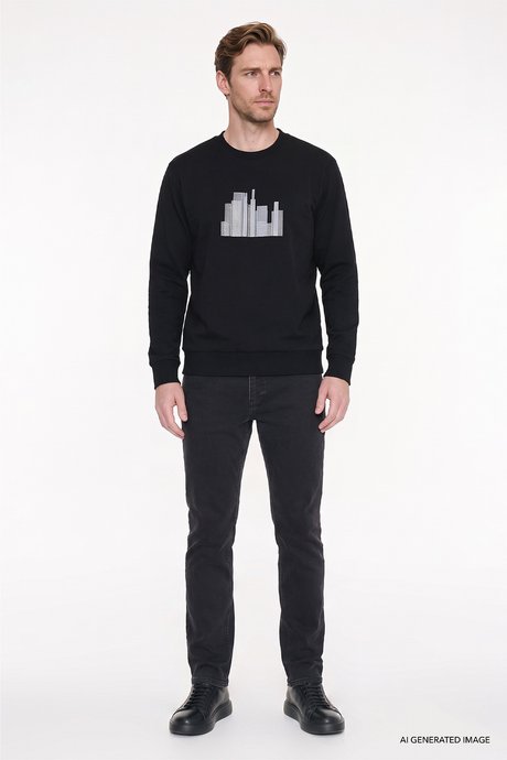 Pamuklu Standart Fit Normal Kesim Bisiklet Yaka Siyah Sweatshirt resmi