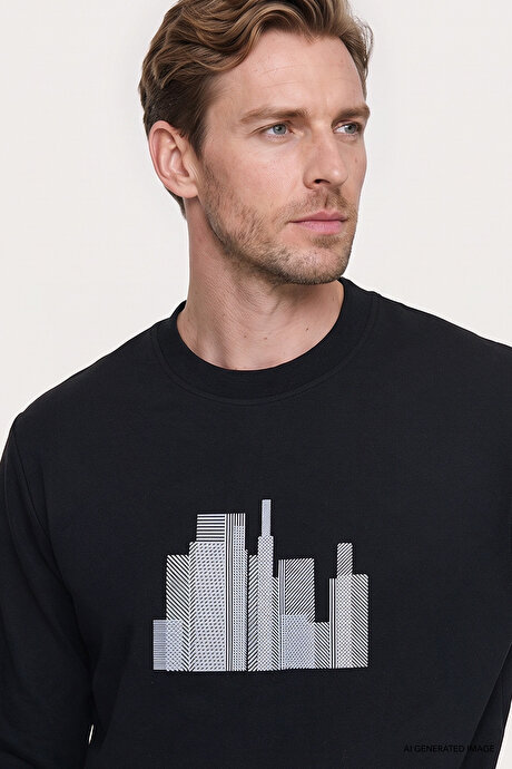 Pamuklu Standart Fit Normal Kesim Bisiklet Yaka Siyah Sweatshirt resmi