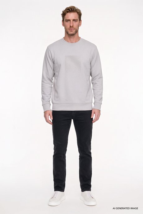 Pamuklu Standart Fit Normal Kesim Bisiklet Yaka Triko Taş Sweatshirt resmi