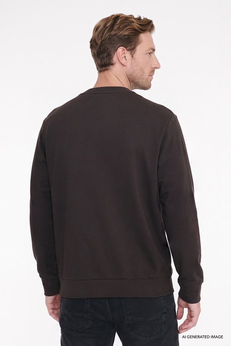 Pamuklu Standart Fit Normal Kesim Bisiklet Yaka Kahverengi Sweatshirt resmi