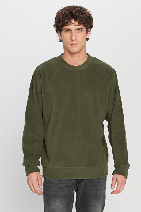 Standart Fit Normal Kesim Bisiklet Yaka Sweatshirt Haki Polar resmi