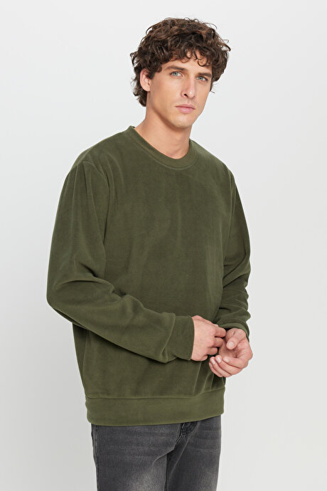 Standart Fit Normal Kesim Bisiklet Yaka Sweatshirt Haki Polar resmi