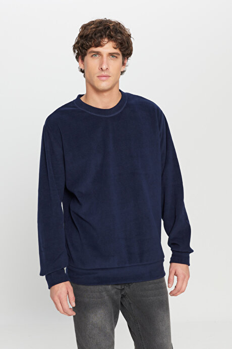 Standart Fit Normal Kesim Bisiklet Yaka Sweatshirt Lacivert Polar resmi