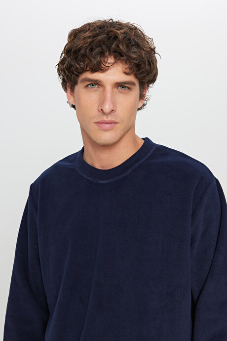 Standart Fit Normal Kesim Bisiklet Yaka Sweatshirt Lacivert Polar resmi