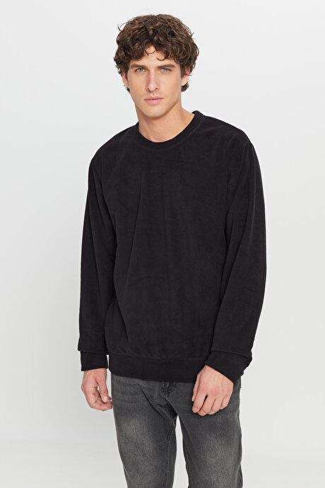 Standart Fit Normal Kesim Bisiklet Yaka Sweatshirt Siyah Polar resmi