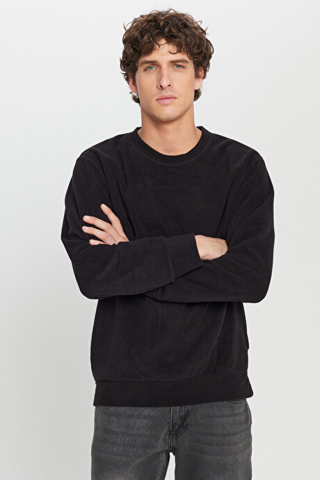 Standart Fit Normal Kesim Bisiklet Yaka Sweatshirt Siyah Polar resmi