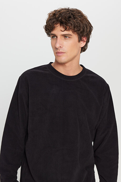 Standart Fit Normal Kesim Bisiklet Yaka Sweatshirt Siyah Polar resmi