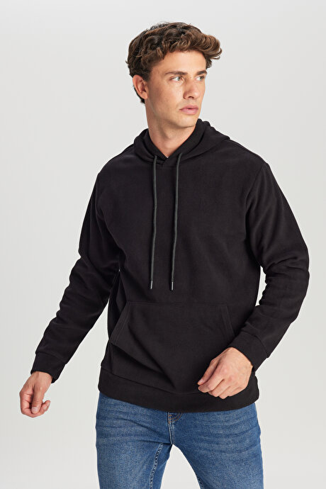 Standart Fit Normal Kesim Bisiklet Yaka Siyah Polar resmi