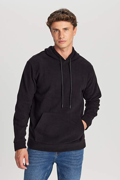 Standart Fit Normal Kesim Bisiklet Yaka Siyah Polar resmi