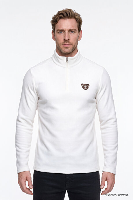 Anti-Pilling Tüylenme Yapmayan Standart Fit Bato Yaka Soğuk Geçirmez Sweatshirt Beyaz Polar resmi