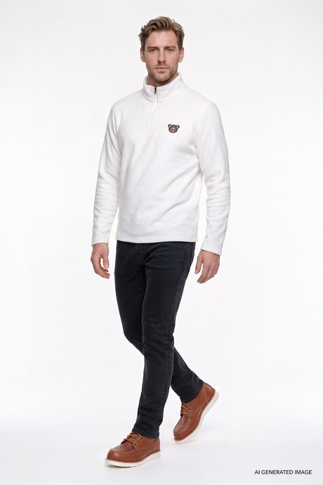 Anti-Pilling Tüylenme Yapmayan Standart Fit Bato Yaka Soğuk Geçirmez Sweatshirt Beyaz Polar resmi