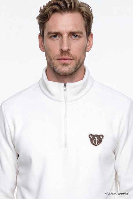 Anti-Pilling Tüylenme Yapmayan Standart Fit Bato Yaka Soğuk Geçirmez Sweatshirt Beyaz Polar resmi