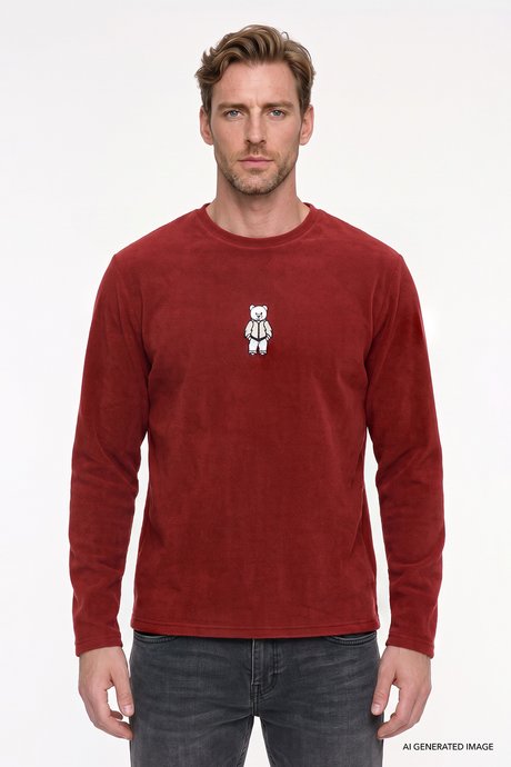 Anti-Pilling Tüylenme Yapmayan Standart Fit Bisiklet Yaka Nakışlı Sweatshirt Bordo Polar resmi