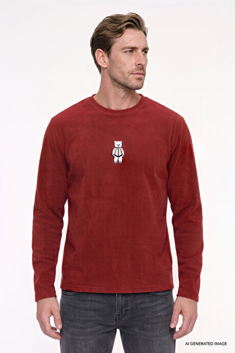 Anti-Pilling Tüylenme Yapmayan Standart Fit Bisiklet Yaka Nakışlı Sweatshirt Bordo Polar resmi