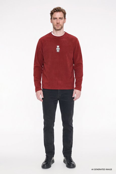 Anti-Pilling Tüylenme Yapmayan Standart Fit Bisiklet Yaka Nakışlı Sweatshirt Bordo Polar resmi