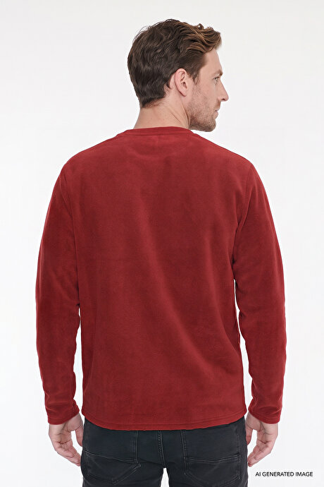 Anti-Pilling Tüylenme Yapmayan Standart Fit Bisiklet Yaka Nakışlı Sweatshirt Bordo Polar resmi
