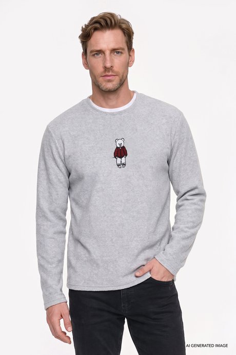 Anti-Pilling Tüylenme Yapmayan Standart Fit Bisiklet Yaka Nakışlı Sweatshirt Gri Melanj Polar resmi
