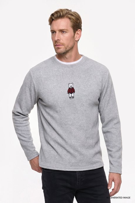 Anti-Pilling Tüylenme Yapmayan Standart Fit Bisiklet Yaka Nakışlı Sweatshirt Gri Melanj Polar resmi