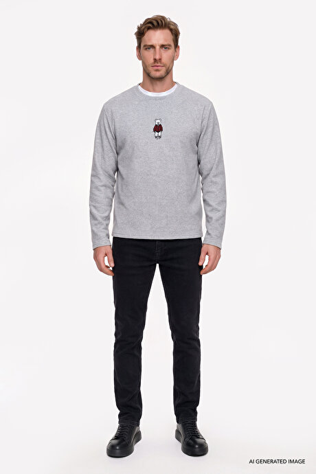 Anti-Pilling Tüylenme Yapmayan Standart Fit Bisiklet Yaka Nakışlı Sweatshirt Gri Melanj Polar resmi
