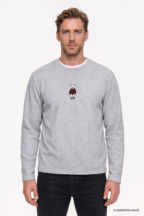Anti-Pilling Tüylenme Yapmayan Standart Fit Bisiklet Yaka Nakışlı Sweatshirt Gri Melanj Polar resmi