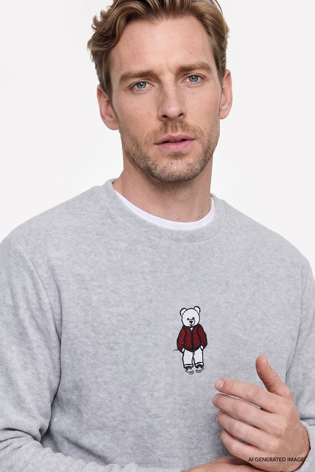 Anti-Pilling Tüylenme Yapmayan Standart Fit Bisiklet Yaka Nakışlı Sweatshirt Gri Melanj Polar resmi