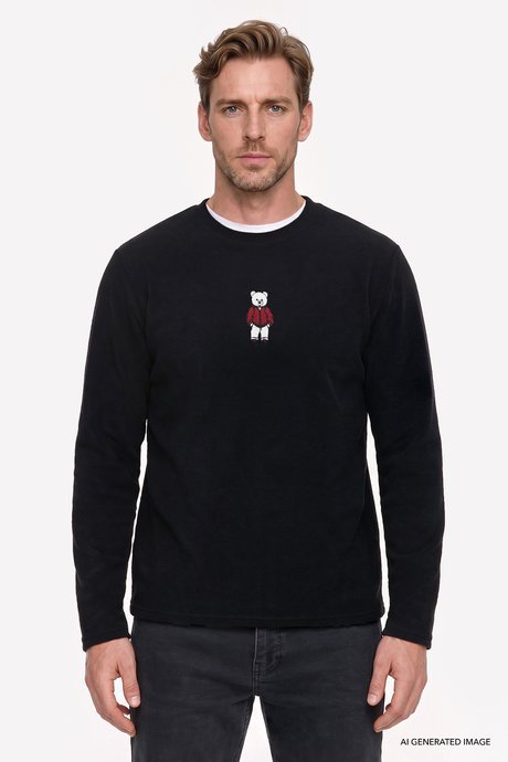 Anti-Pilling Tüylenme Yapmayan Standart Fit Bisiklet Yaka Nakışlı Sweatshirt Siyah Polar resmi