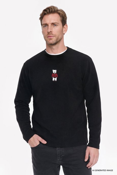 Anti-Pilling Tüylenme Yapmayan Standart Fit Bisiklet Yaka Nakışlı Sweatshirt Siyah Polar resmi