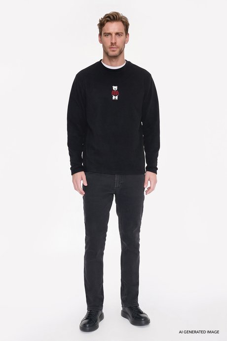 Anti-Pilling Tüylenme Yapmayan Standart Fit Bisiklet Yaka Nakışlı Sweatshirt Siyah Polar resmi