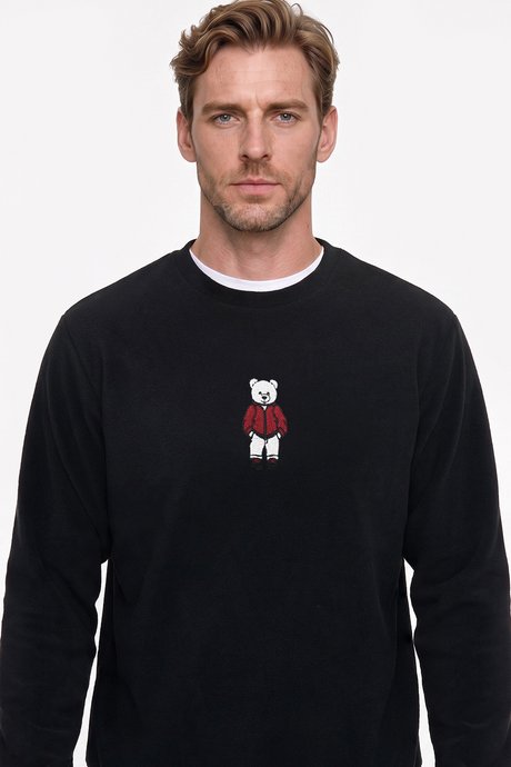 Anti-Pilling Tüylenme Yapmayan Standart Fit Bisiklet Yaka Nakışlı Sweatshirt Siyah Polar resmi