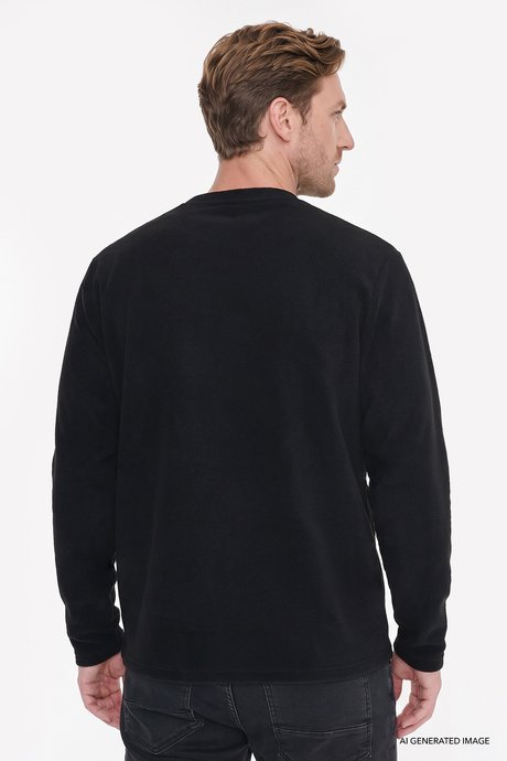 Anti-Pilling Tüylenme Yapmayan Standart Fit Bisiklet Yaka Nakışlı Sweatshirt Siyah Polar resmi