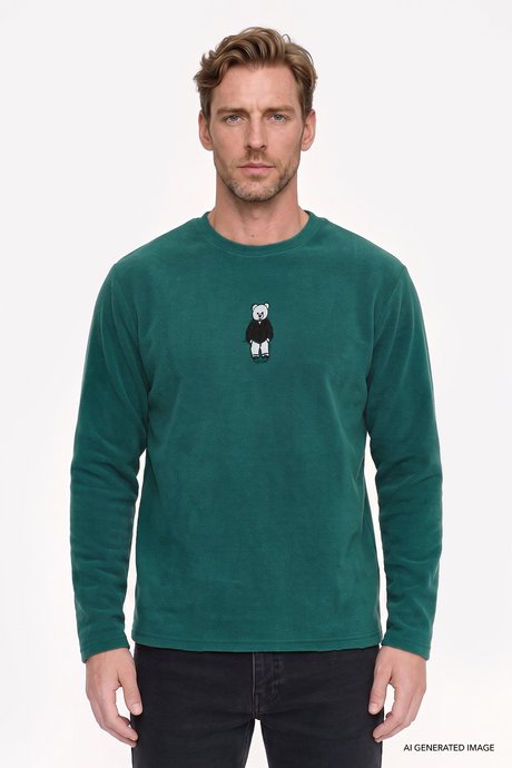 Anti-Pilling Tüylenme Yapmayan Standart Fit Bisiklet Yaka Nakışlı Sweatshirt Yeşil Polar resmi