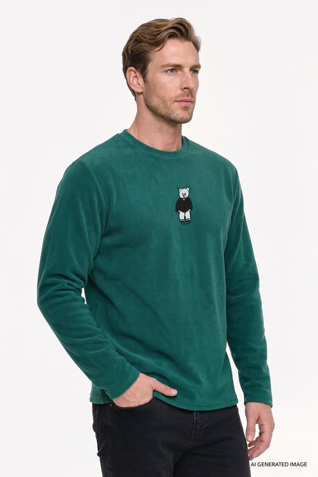 Anti-Pilling Tüylenme Yapmayan Standart Fit Bisiklet Yaka Nakışlı Sweatshirt Yeşil Polar resmi