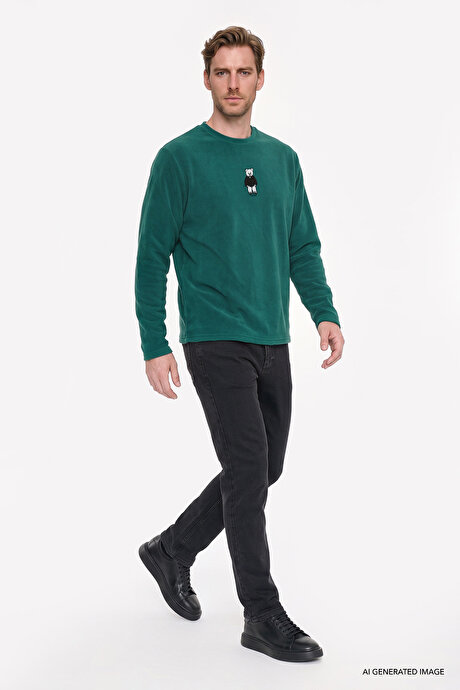Anti-Pilling Tüylenme Yapmayan Standart Fit Bisiklet Yaka Nakışlı Sweatshirt Yeşil Polar resmi