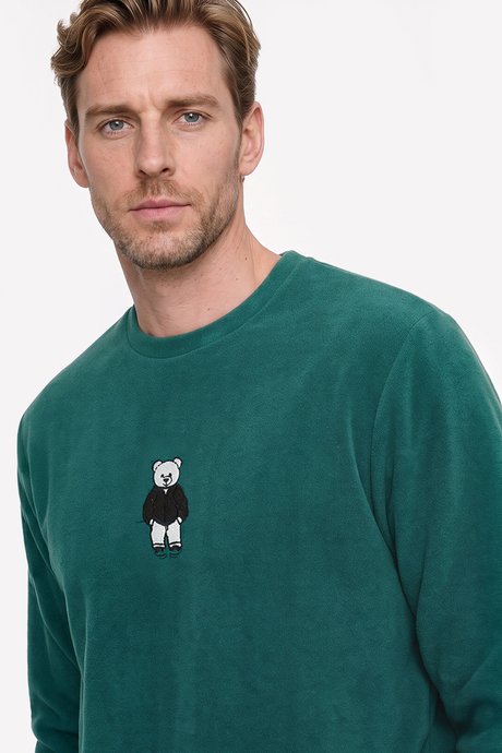 Anti-Pilling Tüylenme Yapmayan Standart Fit Bisiklet Yaka Nakışlı Sweatshirt Yeşil Polar resmi