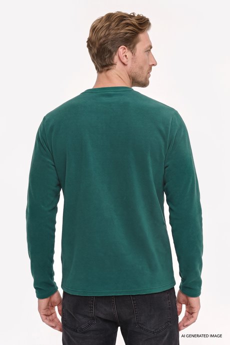 Anti-Pilling Tüylenme Yapmayan Standart Fit Bisiklet Yaka Nakışlı Sweatshirt Yeşil Polar resmi